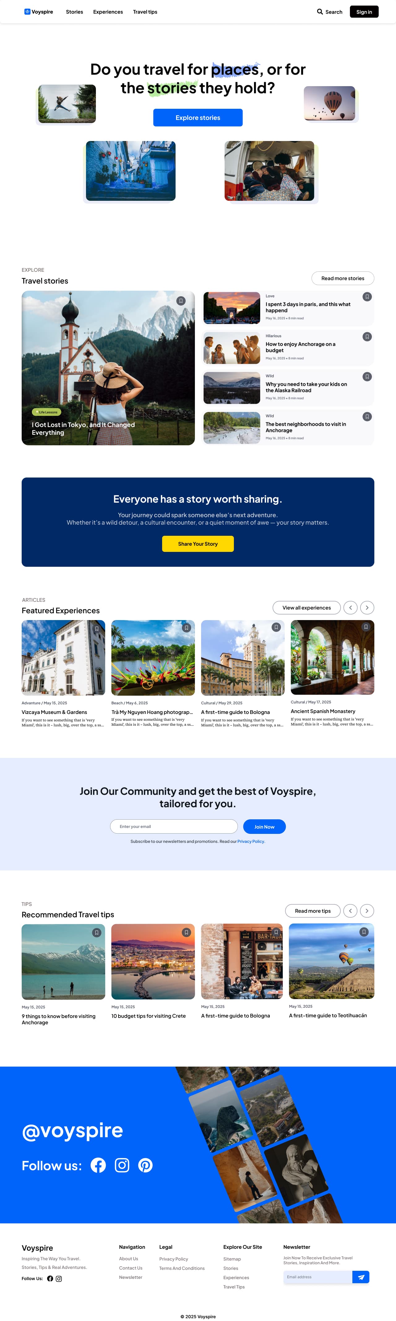 Full Voyspire travel discovery homepage from opening hero through community and footer content