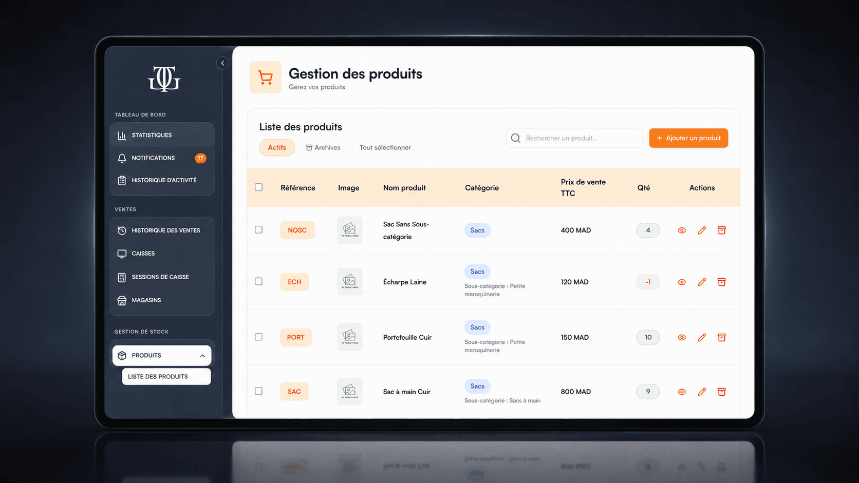 Galerie des Tanneurs product management interface with product variants, pricing and stock information