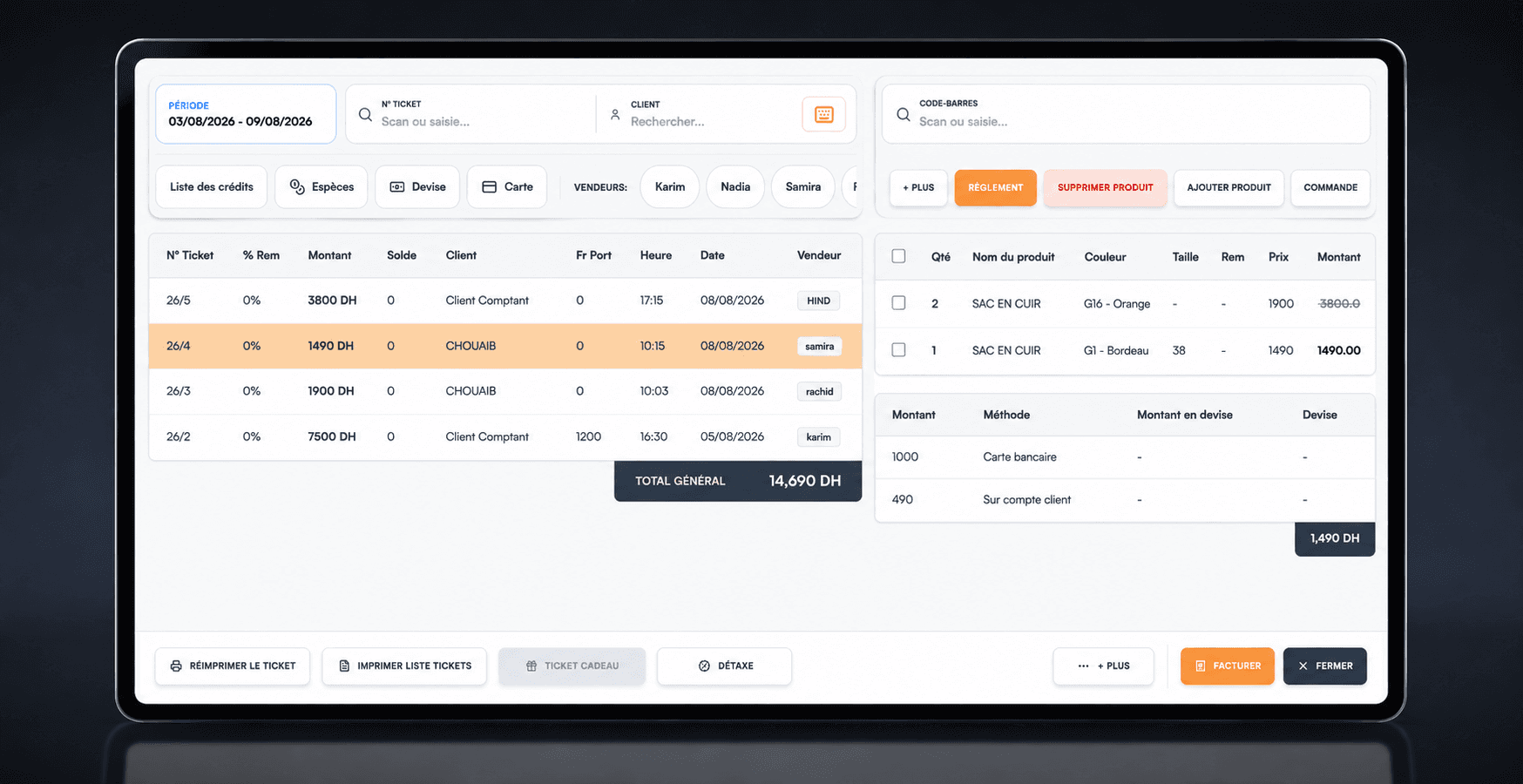 Galerie des Tanneurs transaction detail interface showing products, sellers and payment breakdown